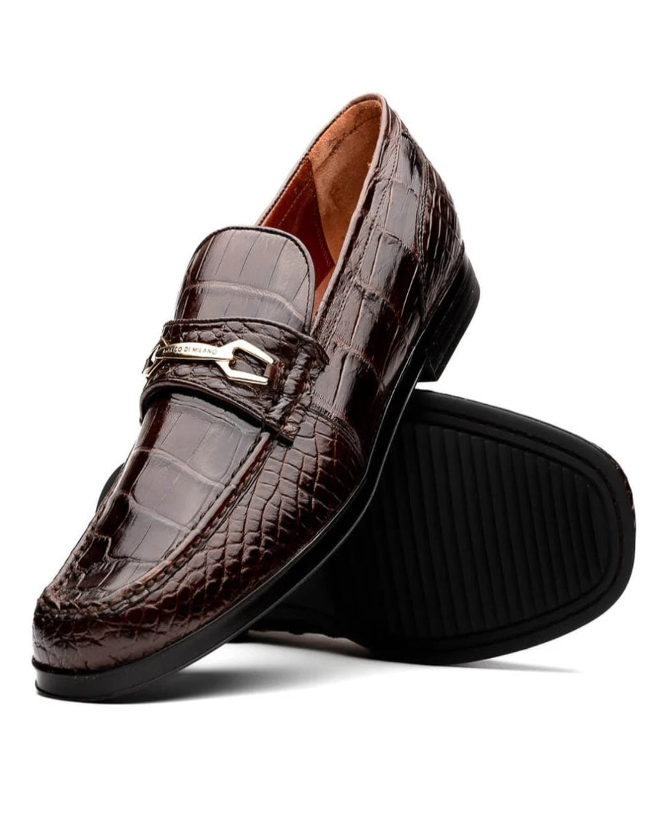 Marco Di Milano Hugo Men's Shoes Brown Stylish Exotic Alligator Horsebit Loafers - 6