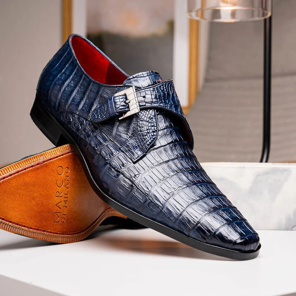 Marco Di Milano Rovigo Men's Shoes Navy Exotic Crocodile Skin Single Monk-strap Loafers - 8