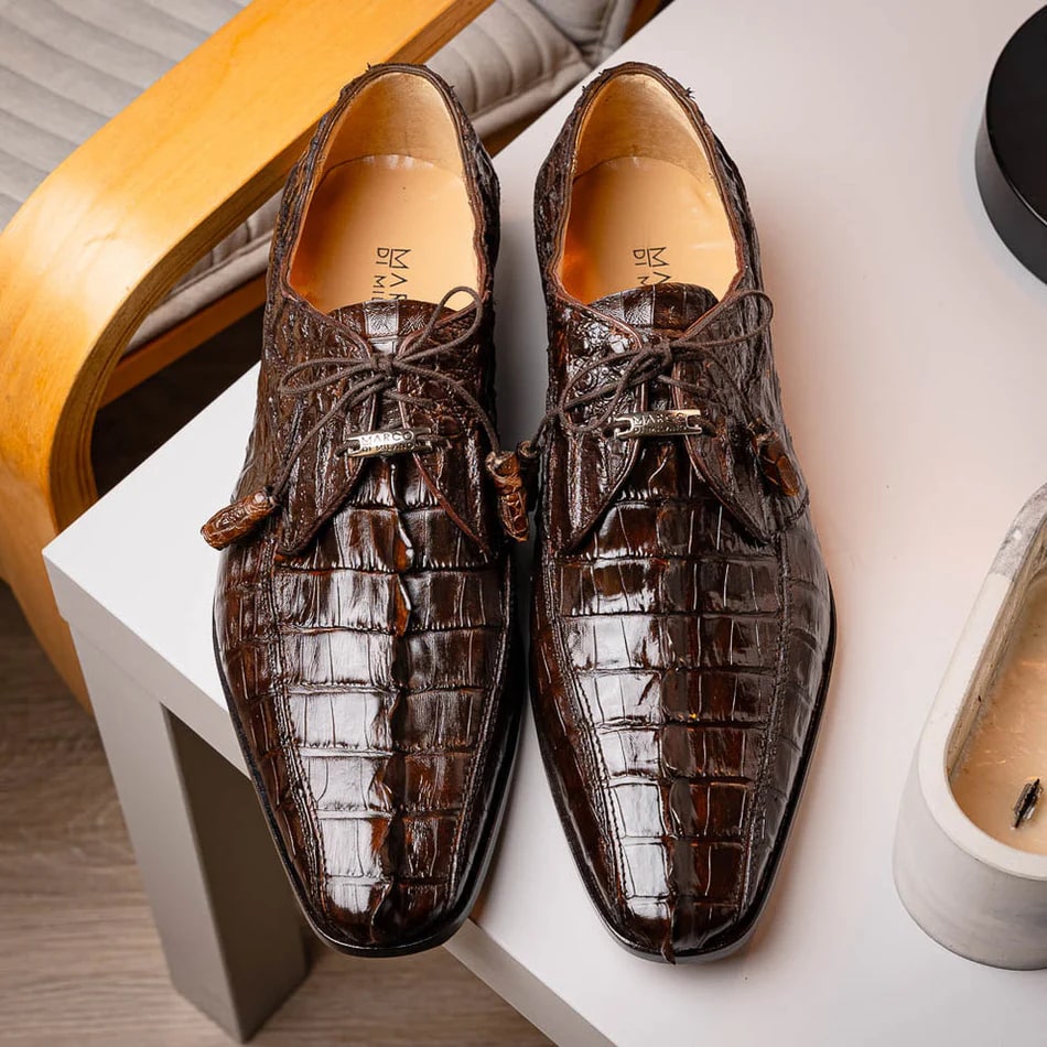 Marco Di Milano Cancun Men's Shoes Brown Exotic Hornback Crocodile Skin Derby Oxfords - 9.5
