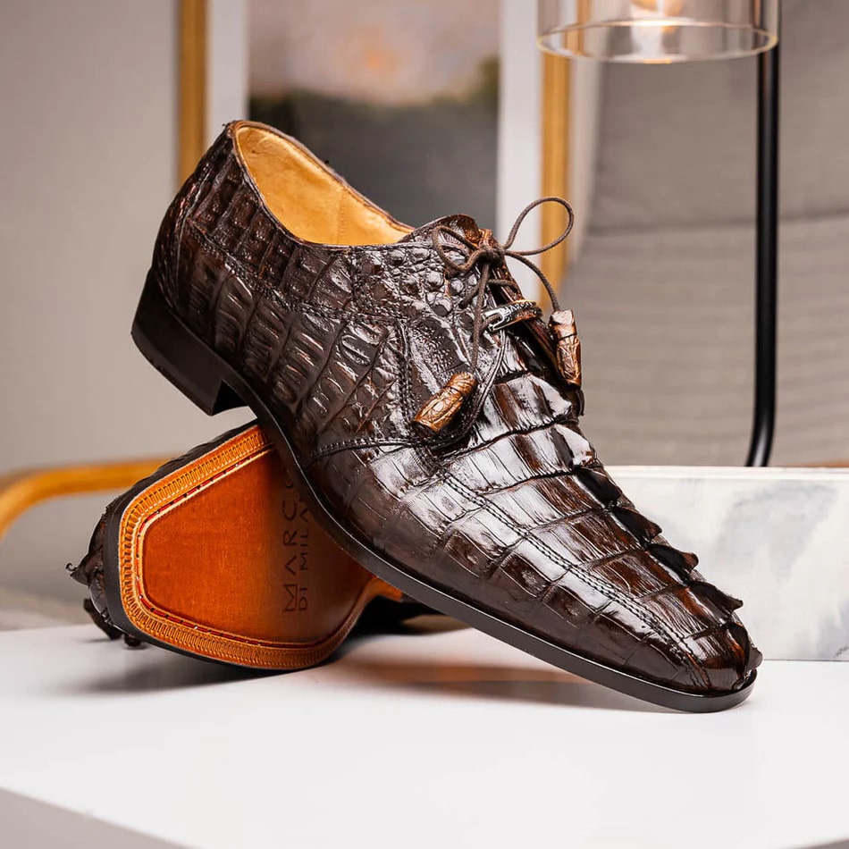 Marco Di Milano Cancun Men's Shoes Brown Exotic Hornback Crocodile Skin Derby Oxfords - 9.5