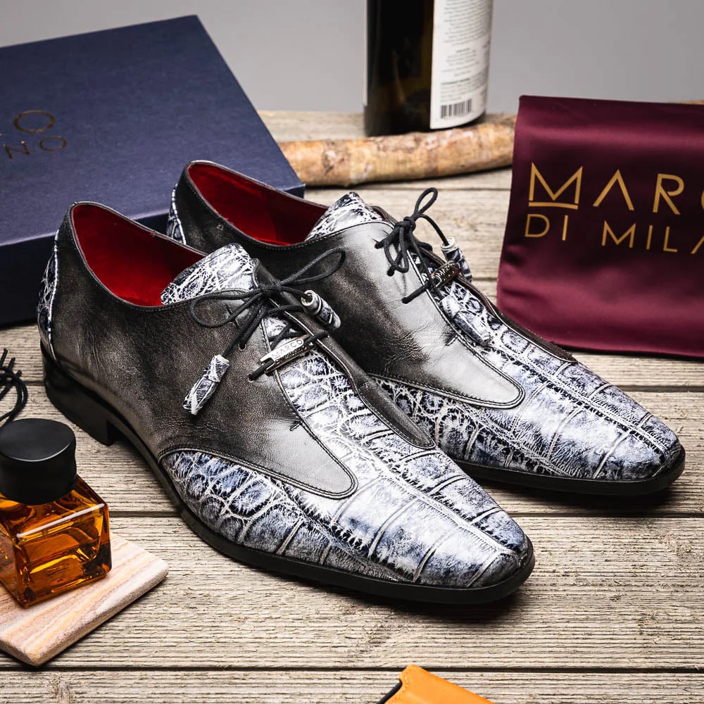 Marco Di Milano Anzio Exotic Alligator & Calfskin Leather Newspaper & Gray Oxfords - 6