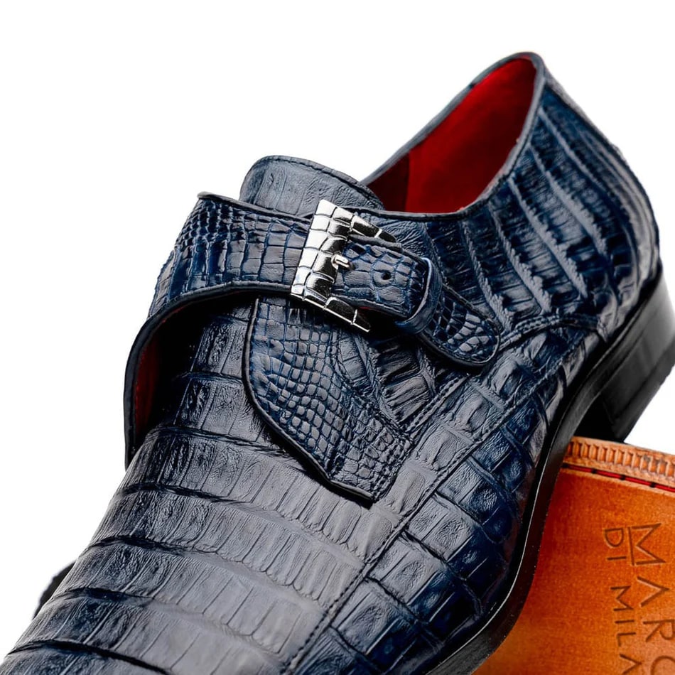 Marco Di Milano Rovigo Men's Shoes Navy Exotic Crocodile Skin Single Monk-strap Loafers - 8
