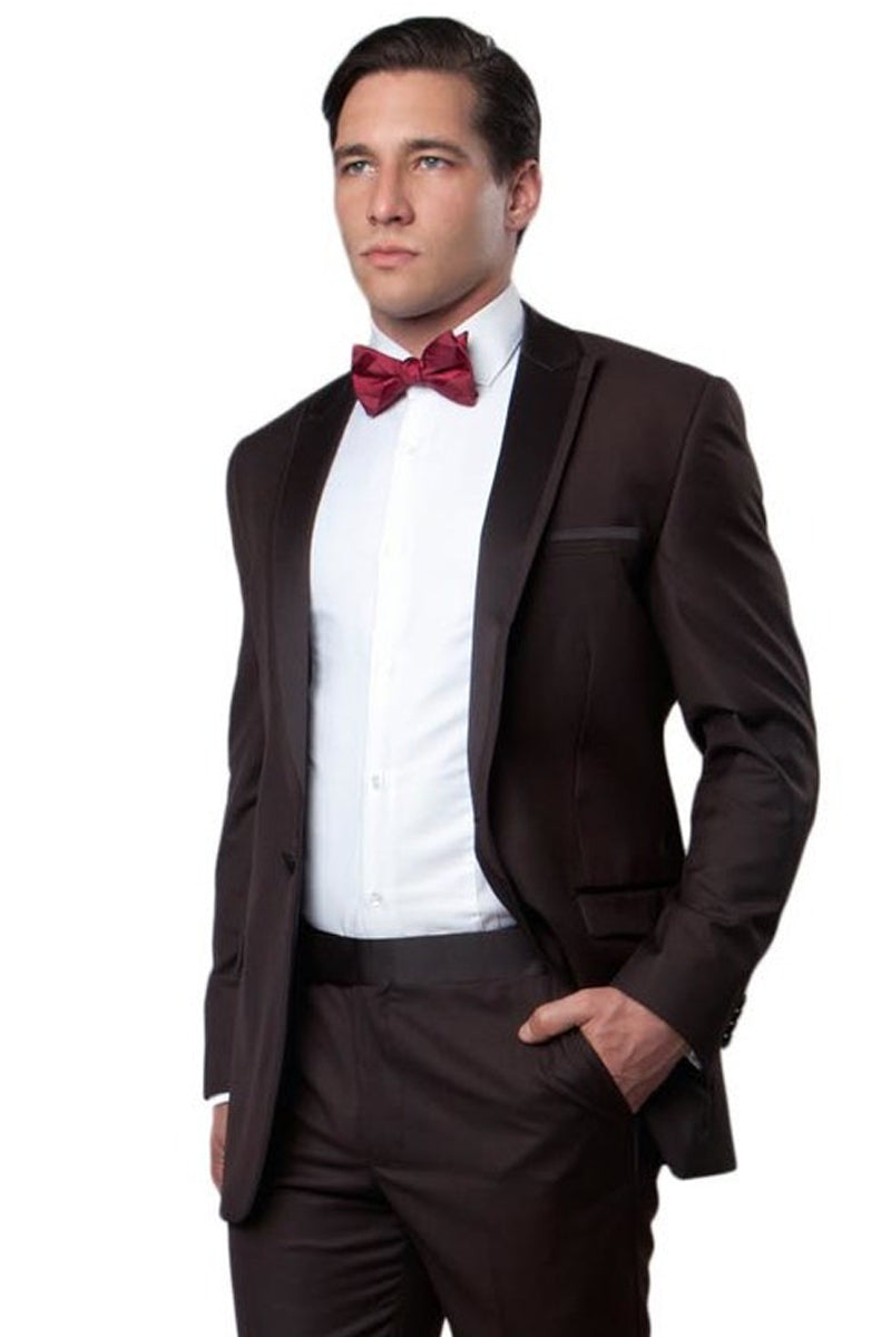 Brown Slim Fit Men's Tuxedo with Satin Trim & Peak Lapel for Prom & Wedding