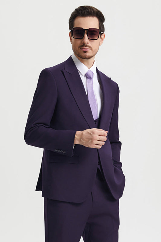 "Mens Stacy Adams Suit - Stacy Adams Suit Men's Designer Suit - Vested One Button Peak Lapel in Eggplant"