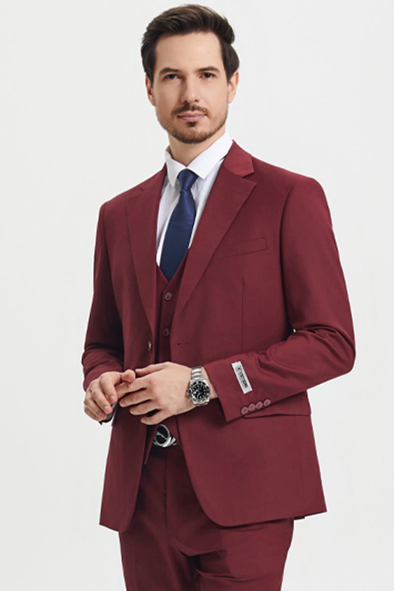 Men's Two Button Vested Stacy Adams Basic Designer Suit in Burgundy - 34 Regular