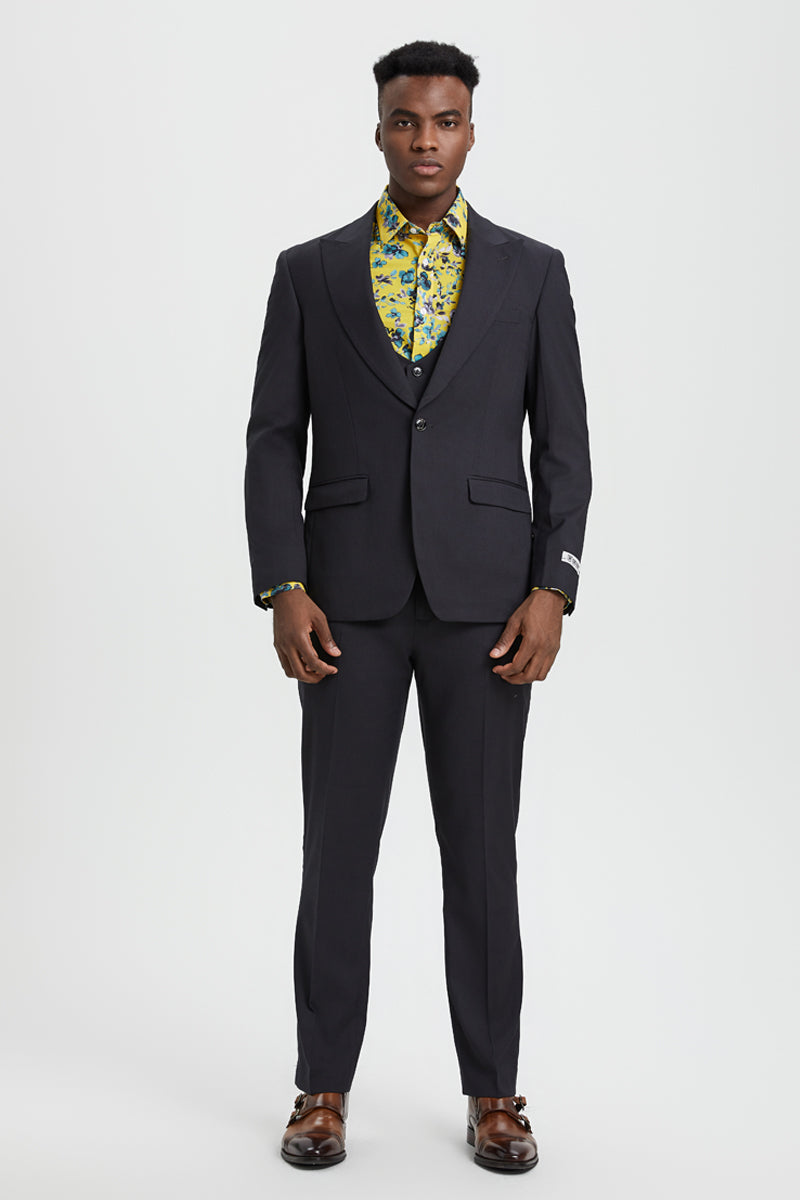 "Stacy Adams Suit Men's Designer Suit - Charcoal, One Button Peak Lapel with Vest"
