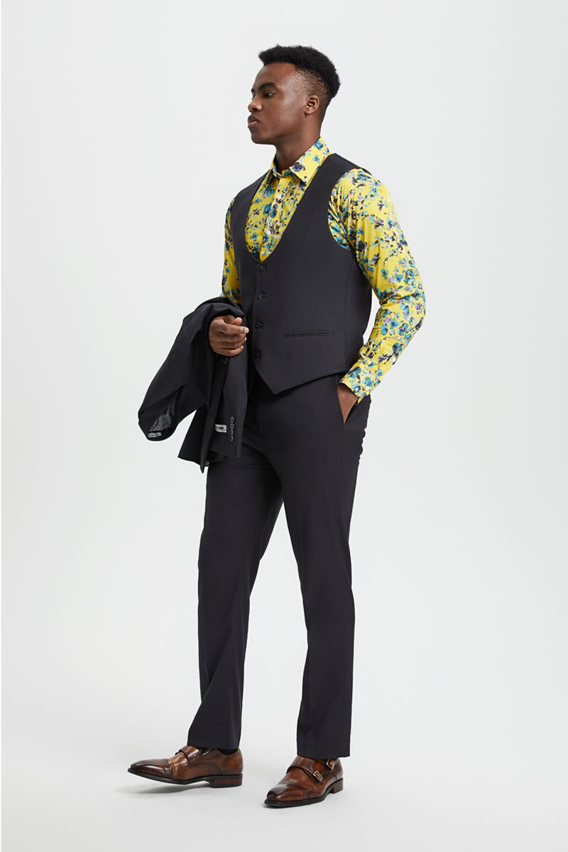 "Stacy Adams Suit Men's Designer Suit - Charcoal, One Button Peak Lapel with Vest"