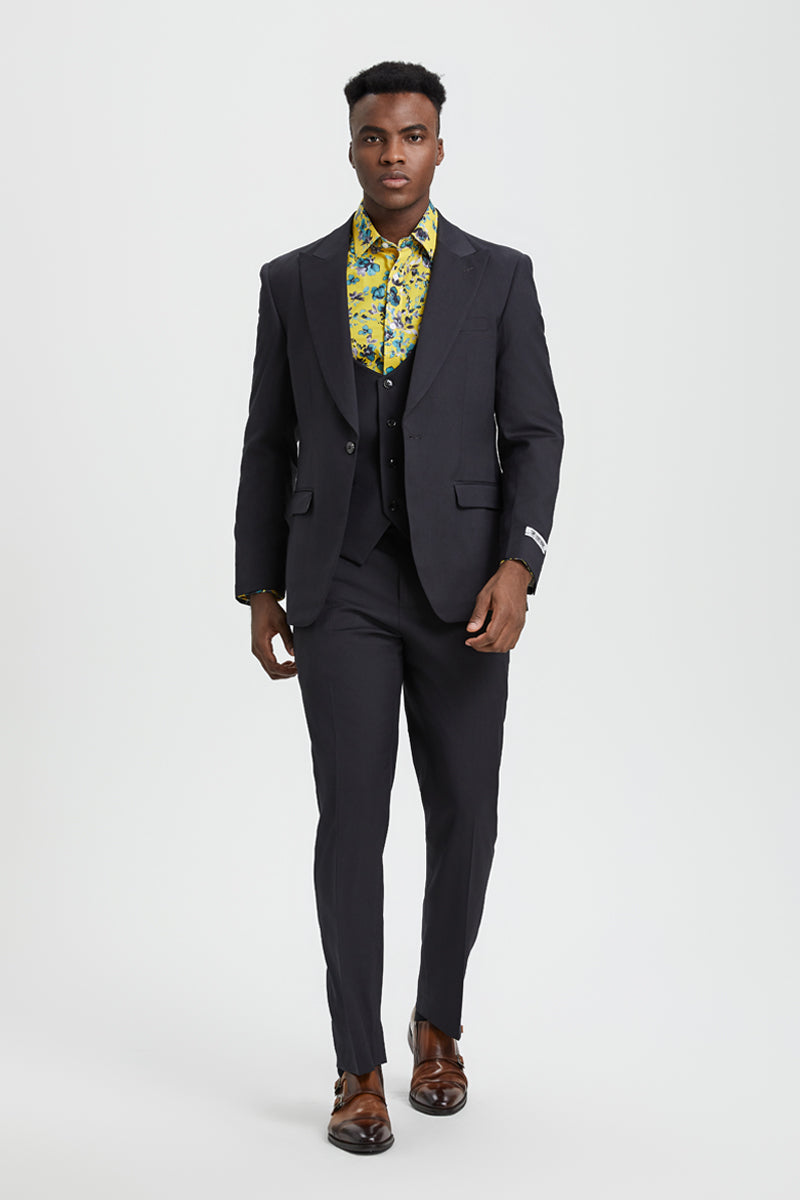 "Stacy Adams Men's Designer Suit - Charcoal, One Button Peak Lapel with Vest"