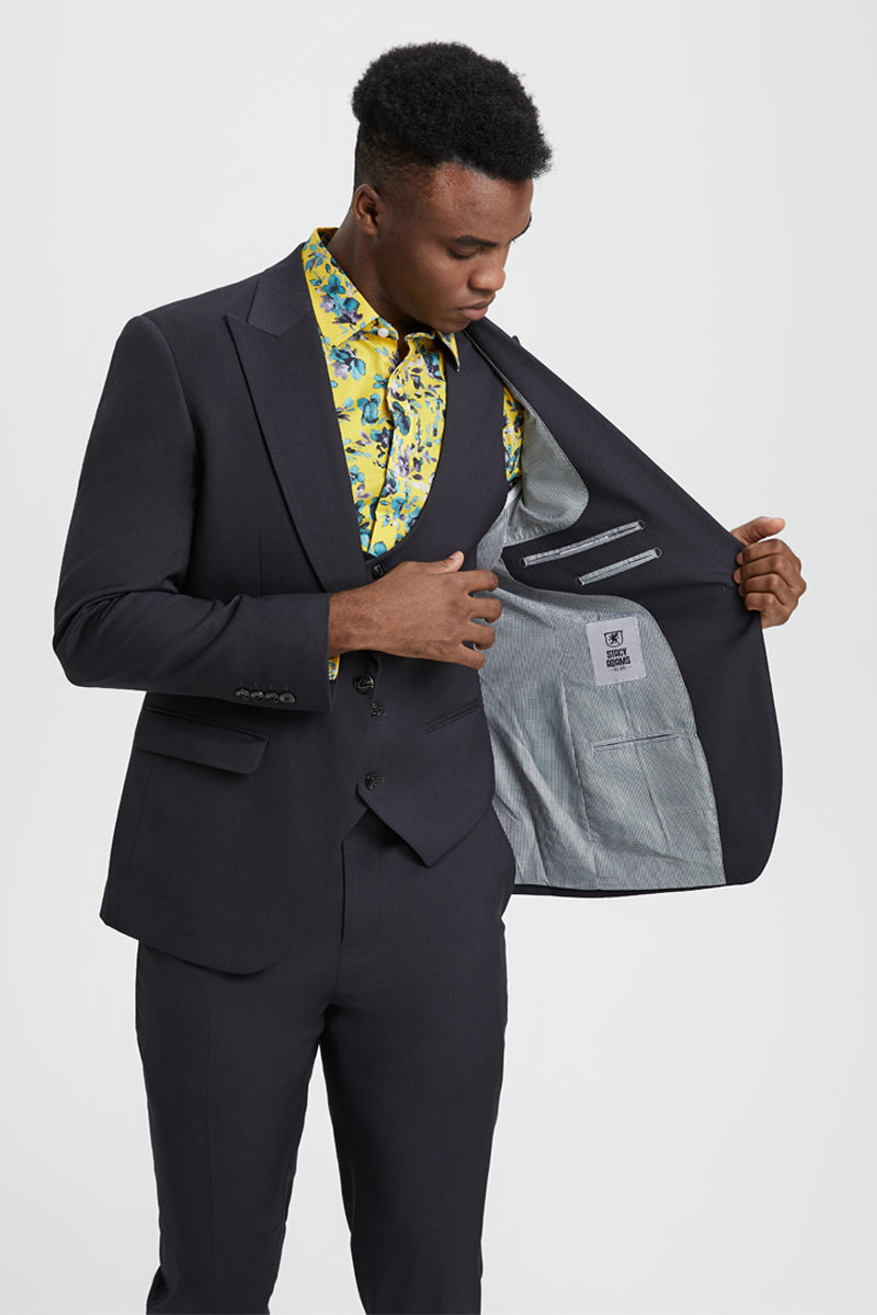 "Mens Stacy Adams Suit - Stacy Adams Suit Men's Designer Suit - Charcoal, One Button Peak Lapel with Vest"