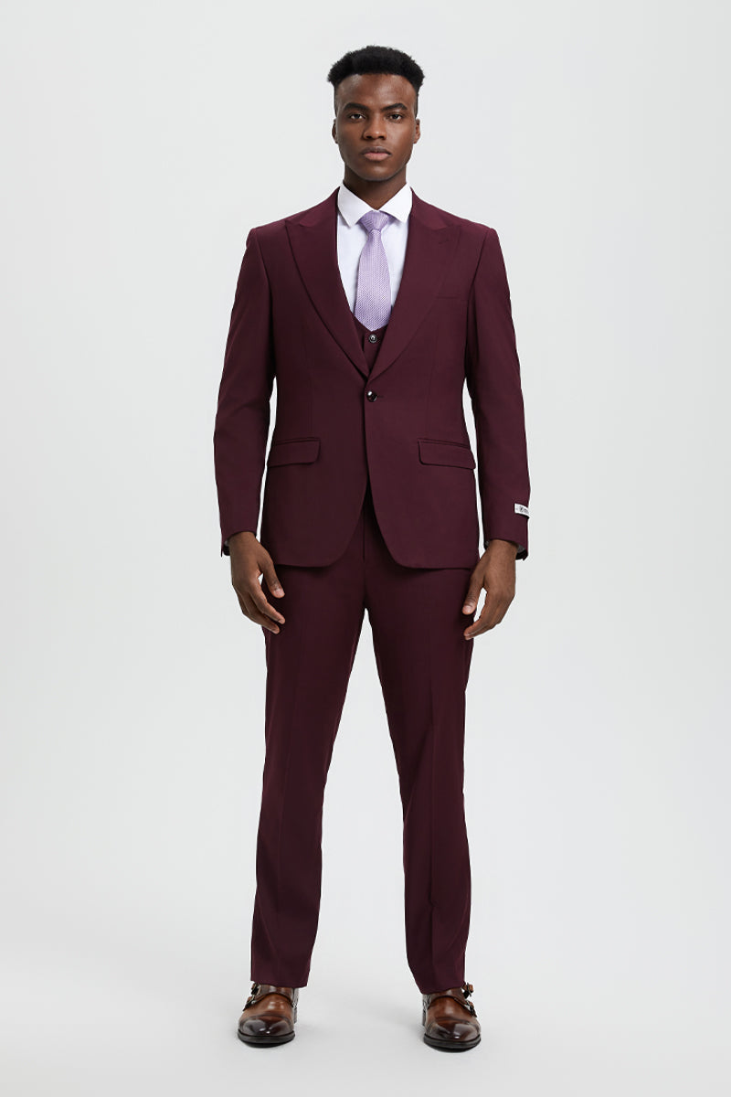 Men's Vested One Button Peak Lapel Stacy Adams Designer Suit in Burgundy - 34 Regular