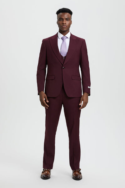 Men's Vested One Button Peak Lapel Stacy Adams Designer Suit in Burgundy