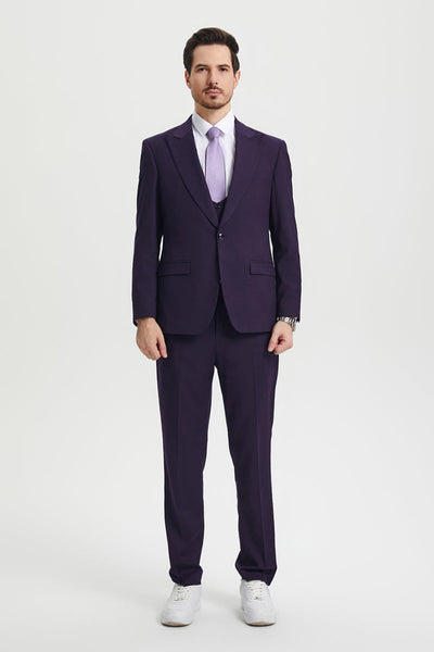 Men's Vested One Button Peak Lapel Stacy Adams Designer Suit in Eggplant