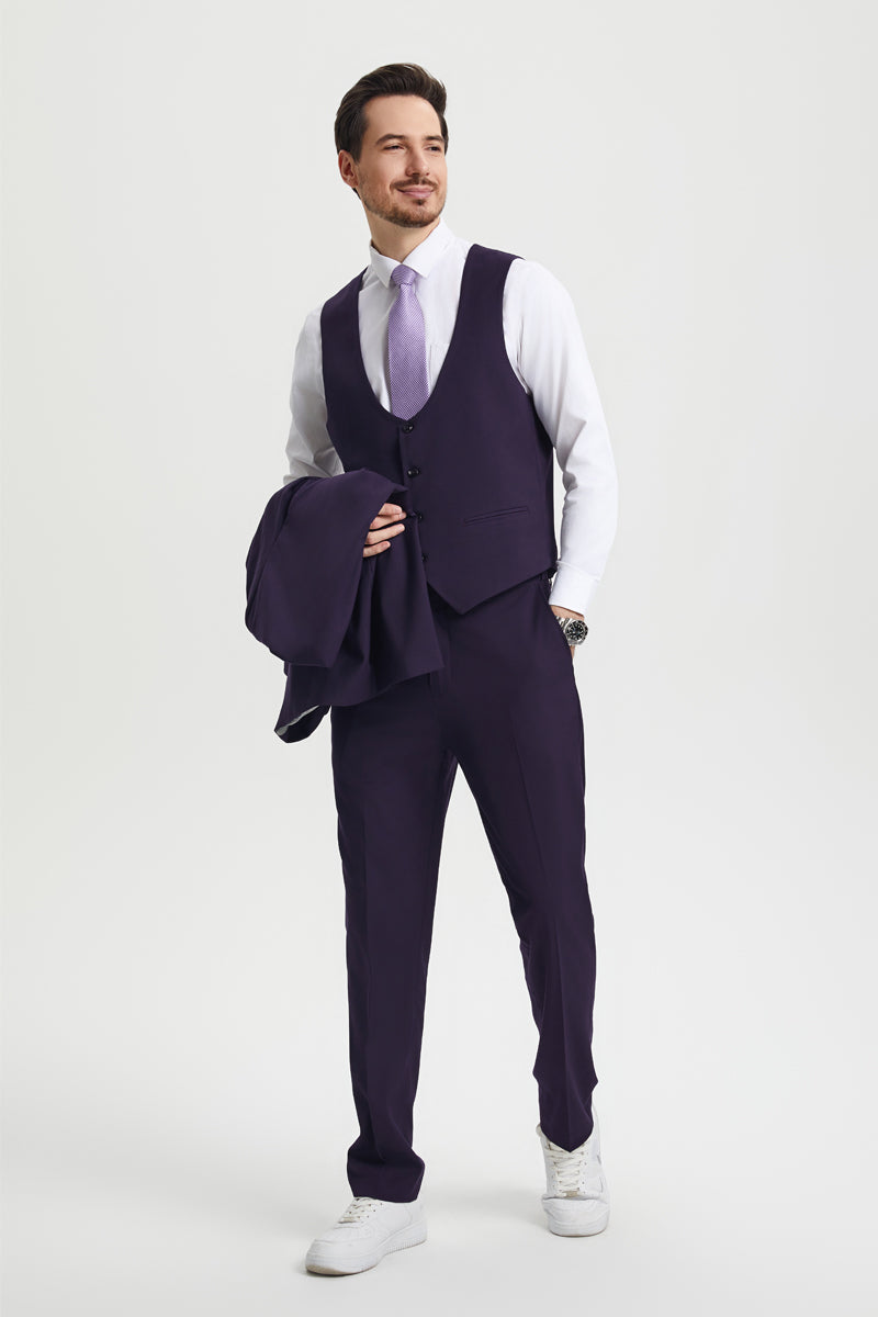 "Mens Stacy Adams Suit - Stacy Adams Suit Men's Designer Suit - Vested One Button Peak Lapel in Eggplant" - 34 Regular