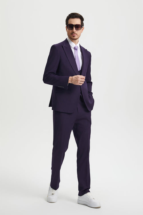 Men's Vested One Button Peak Lapel Stacy Adams Designer Suit in Eggplant