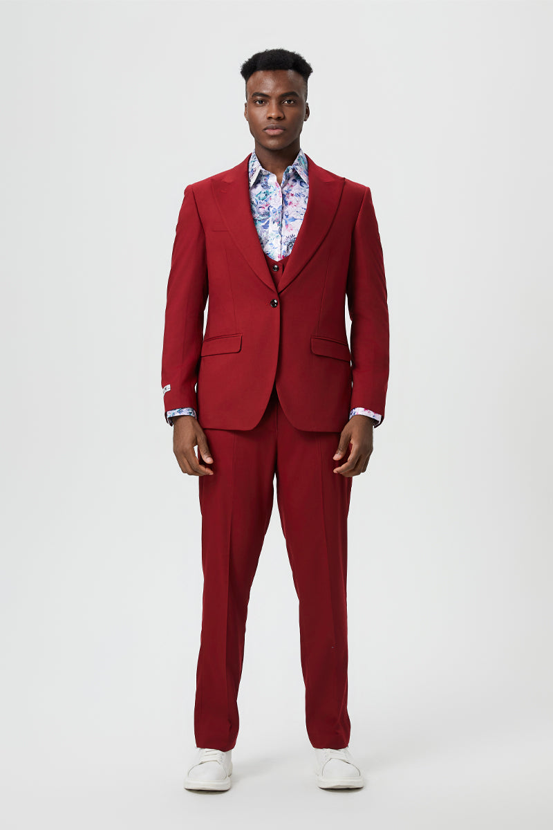 Men's Vested One Button Peak Lapel Stacy Adams Designer Suit in Cherry Red - 34 Regular