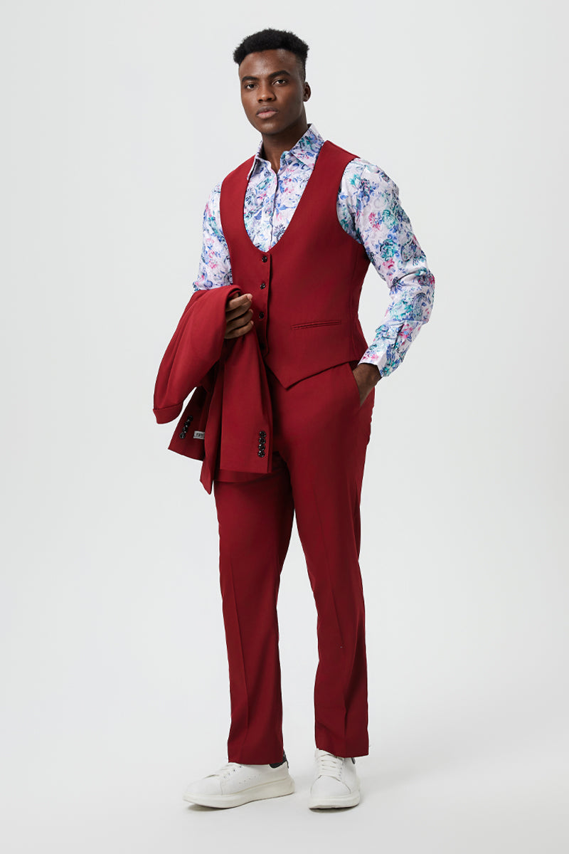 "Stacy Adams Men's Designer Suit - Cherry Red, One Button Peak Lapel with Vest"