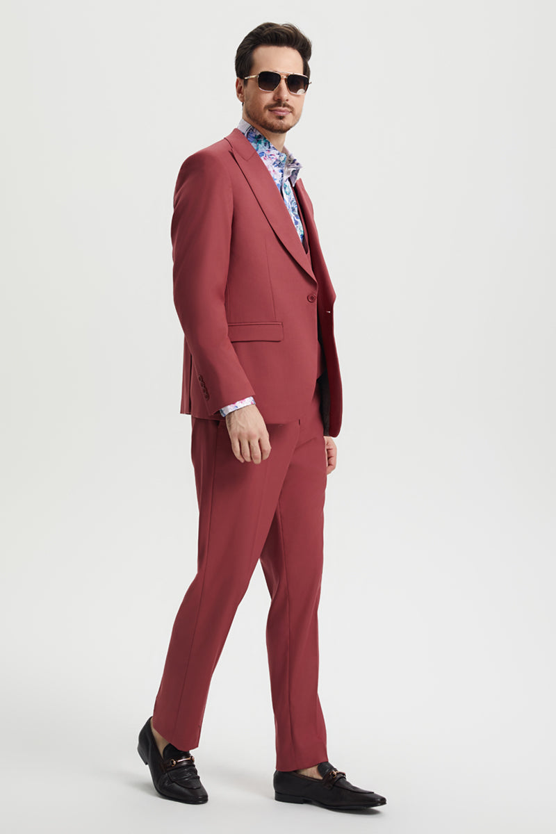 Men's Vested One Button Peak Lapel Stacy Adams Designer Suit in Coral Blush Pink - 34 Regular