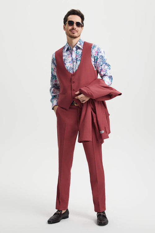"Mens Stacy Adams Suit - Stacy Adams Suit Men's Designer Suit - Coral Blush, Vested One Button Peak Lapel" Coral Prom 2026 Suits
