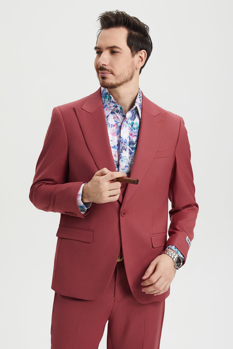 "Mens Stacy Adams Suit - Stacy Adams Suit Men's Designer Suit - Coral Blush, Vested One Button Peak Lapel" Coral Prom 2025 Suits - 34 Regular