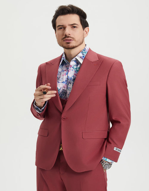 "Mens Stacy Adams Suit - Stacy Adams Suit Men's Designer Suit - Coral Blush, Vested One Button Peak Lapel" Coral Prom 2026 Suits