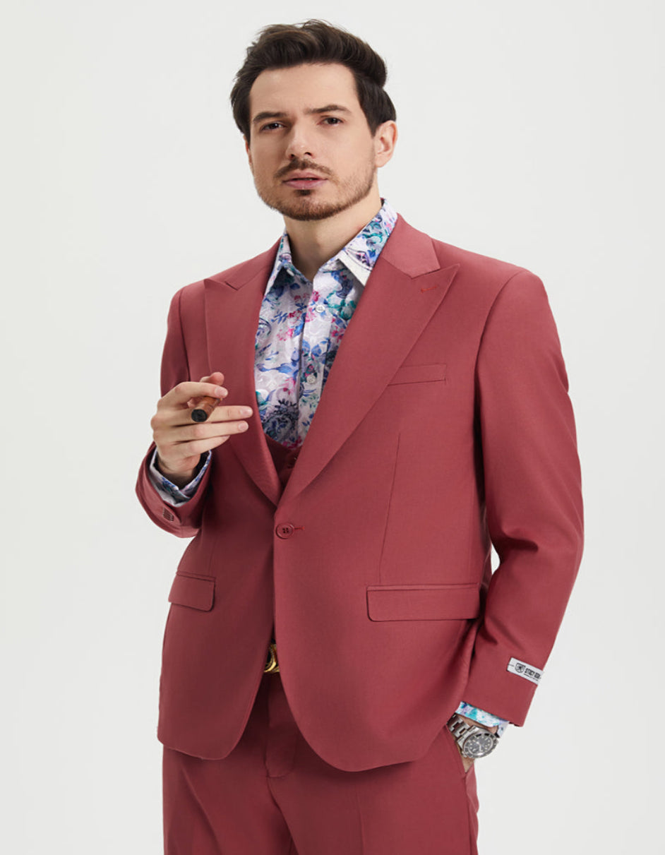 "Mens Stacy Adams Suit - Stacy Adams Suit Men's Designer Suit - Coral Blush Pink, Vested One Button Peak Lapel" Coral Prom 2025 Suits - 34 Regular