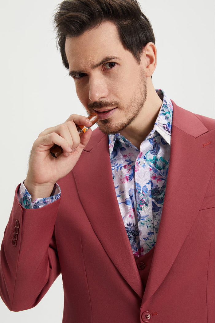 "Mens Stacy Adams Suit - Stacy Adams Suit Men's Designer Suit - Coral Blush, Vested One Button Peak Lapel" Coral Prom 2026 Suits