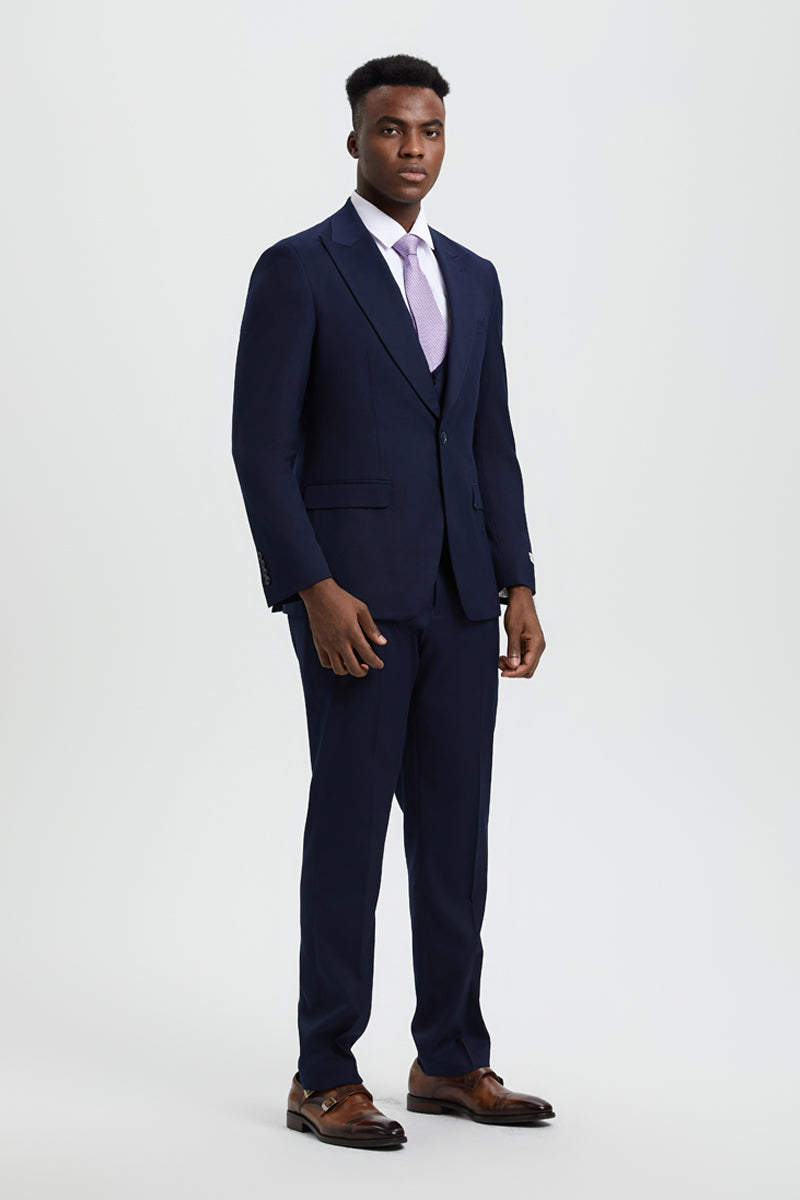 "Stacy Adams Men's Designer Suit - Navy Blue, One Button Peak Lapel with Vest"