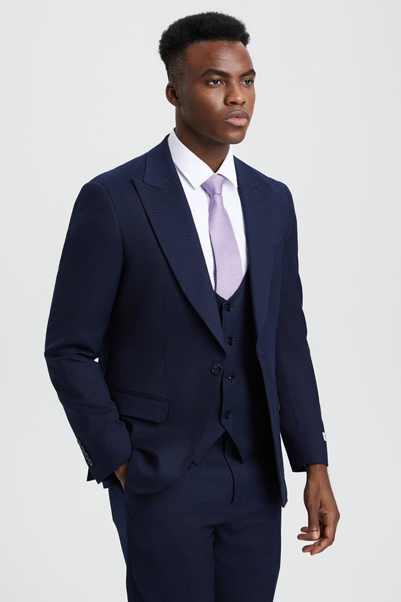 "Stacy Adams Men's Designer Suit - Navy Blue, One Button Peak Lapel with Vest"