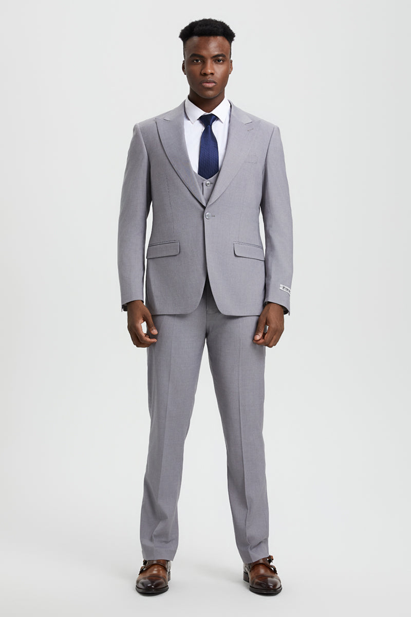 "Stacy Adams Suit Men's Designer Suit - Light Grey, Vested One Button Peak Lapel"