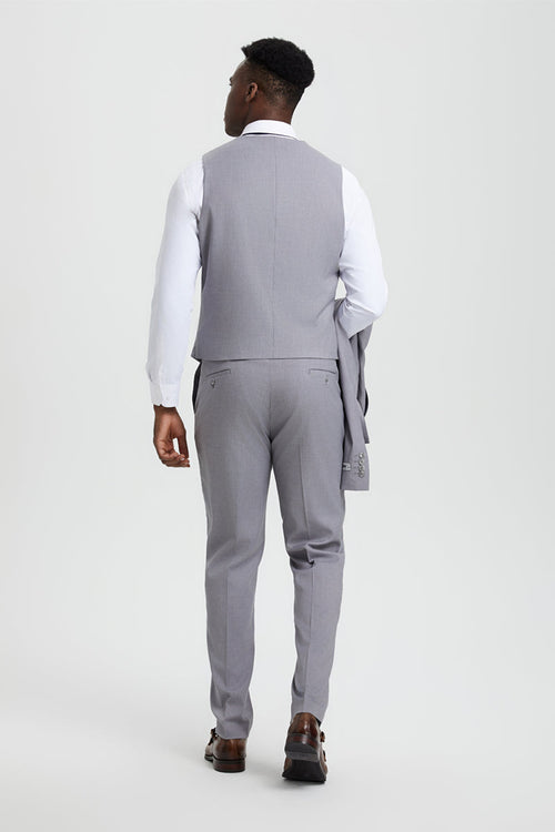 Men's Vested One Button Peak Lapel Stacy Adams Designer Suit in Light Grey