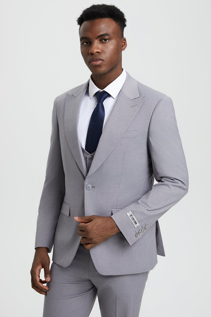 "Stacy Adams Men's Designer Suit - Light Grey, Vested One Button Peak Lapel"