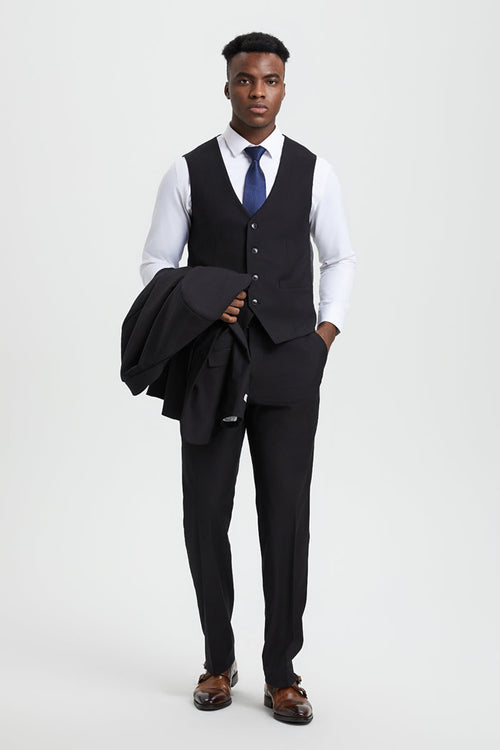 Men's Two Button Vested Stacy Adams Designer Basic Suit in Black