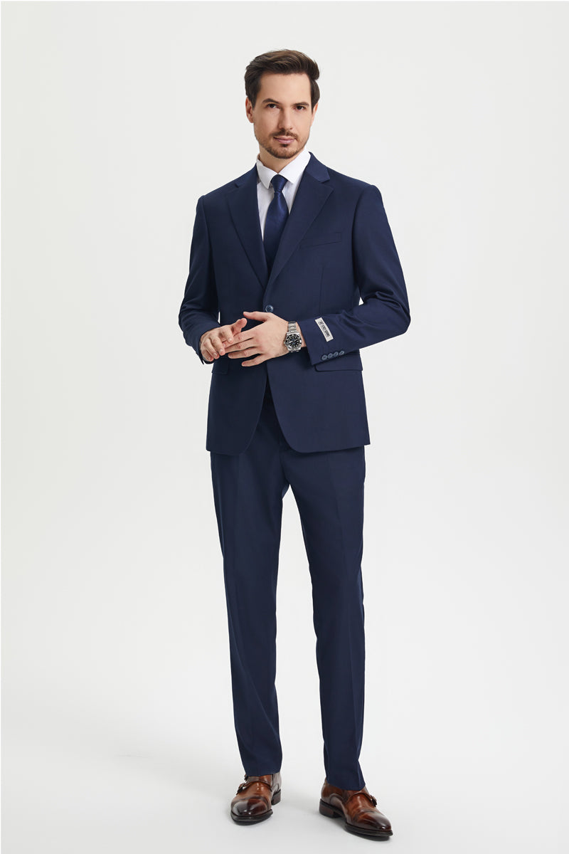 Men's Two Button Vested Stacy Adams Basic Designer Suit in Navy Blue - 34 Regular