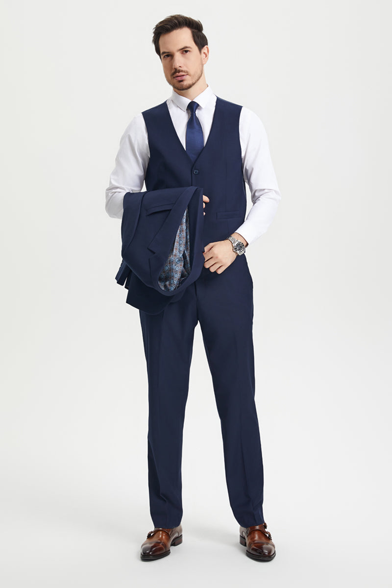 Men's Two Button Vested Stacy Adams Basic Designer Suit in Navy Blue - 34 Regular