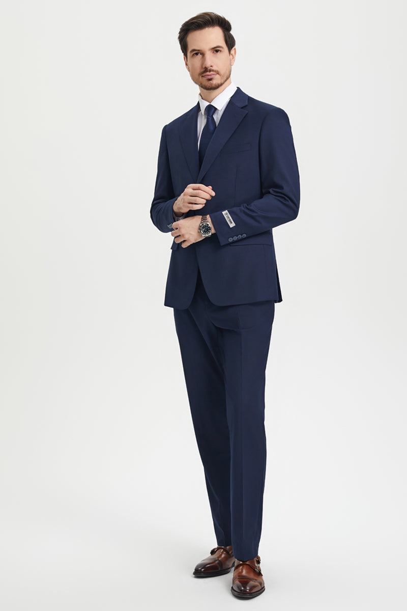 Men's Two Button Vested Stacy Adams Basic Designer Suit in Navy Blue - 34 Regular