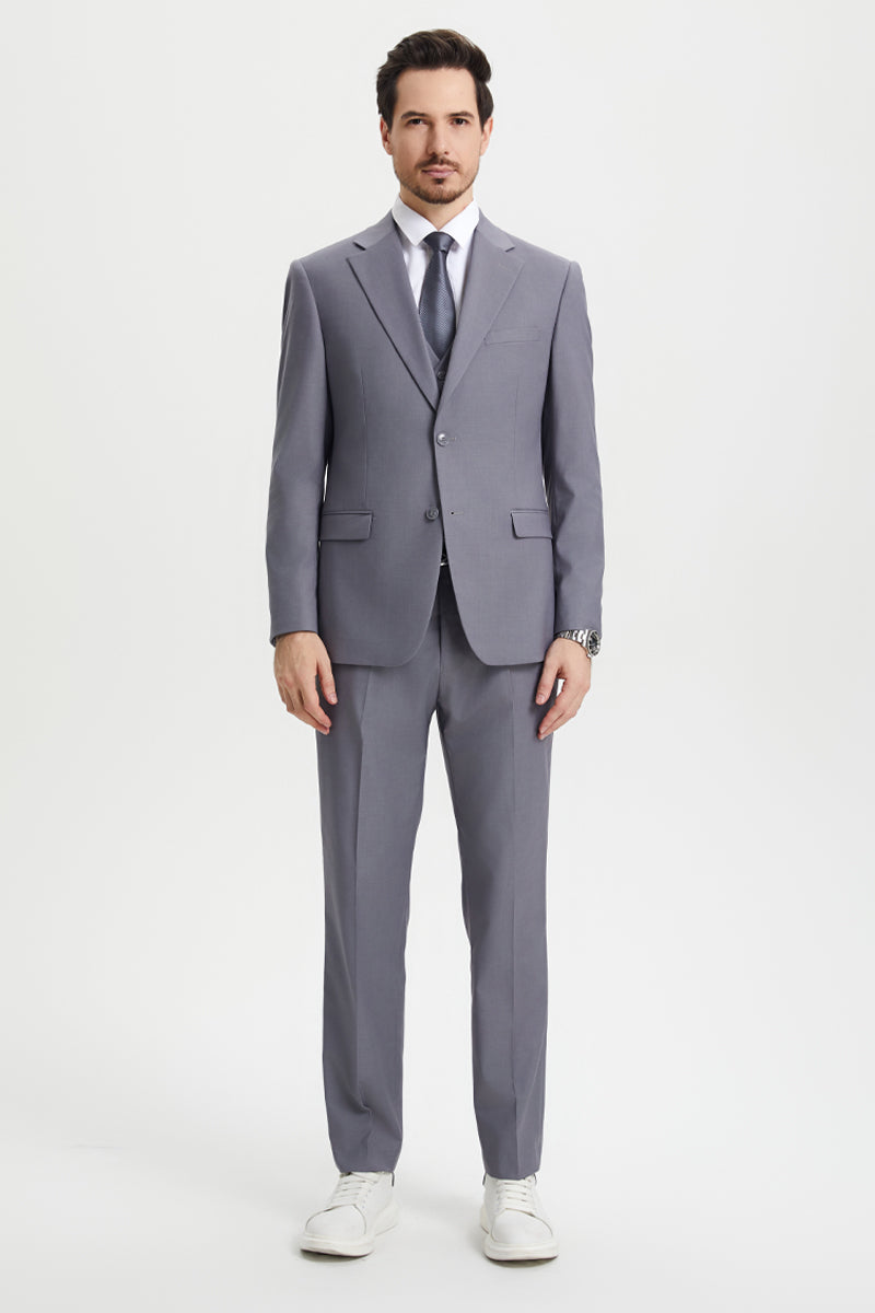 Men's Two Button Vested Stacy Adams Basic Designer Suit in Medium Grey - 38 Regular