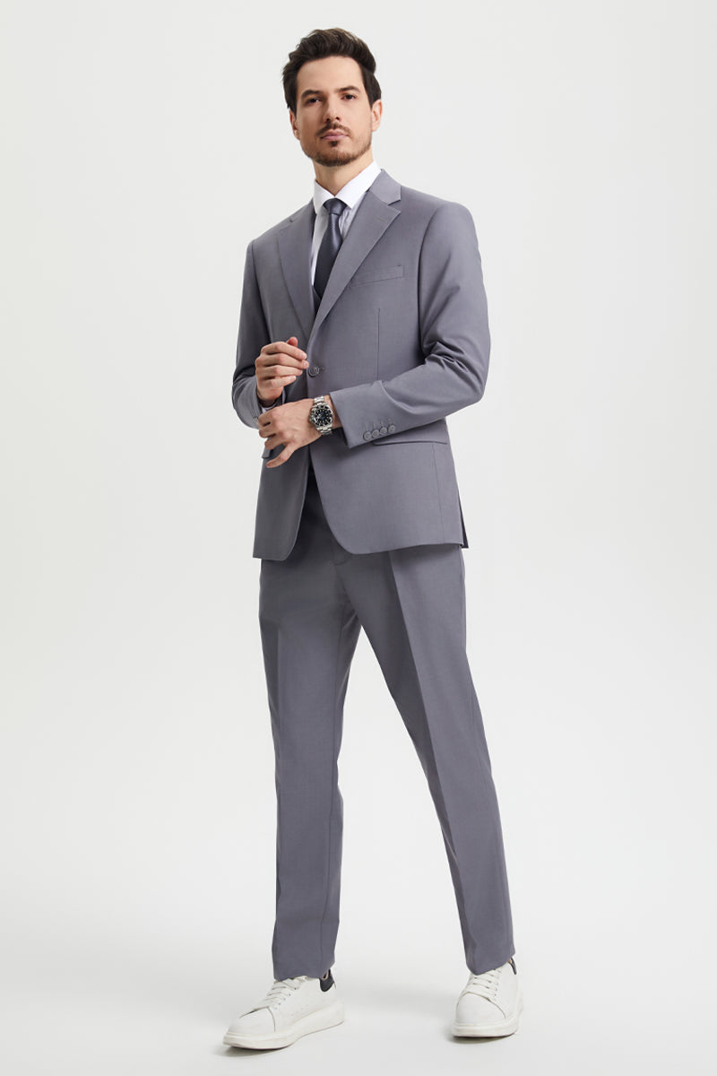 Men's Two Button Vested Stacy Adams Basic Designer Suit in Medium Grey - 38 Regular