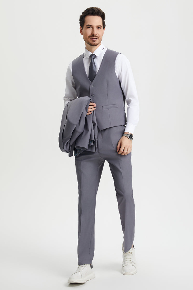 Men's Two Button Vested Stacy Adams Basic Designer Suit in Medium Grey - 38 Regular