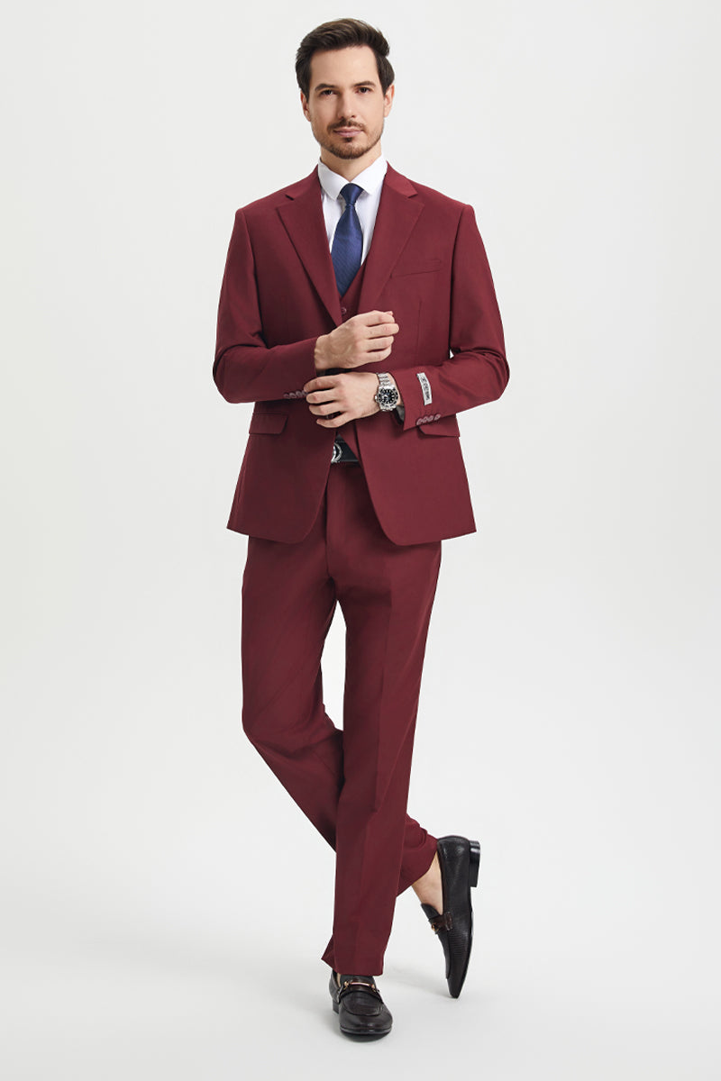 Men's Two Button Vested Stacy Adams Basic Designer Suit in Burgundy - 34 Regular