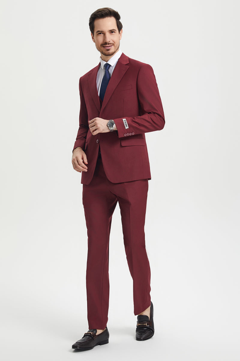 Men's Two Button Vested Stacy Adams Basic Designer Suit in Burgundy - 34 Regular