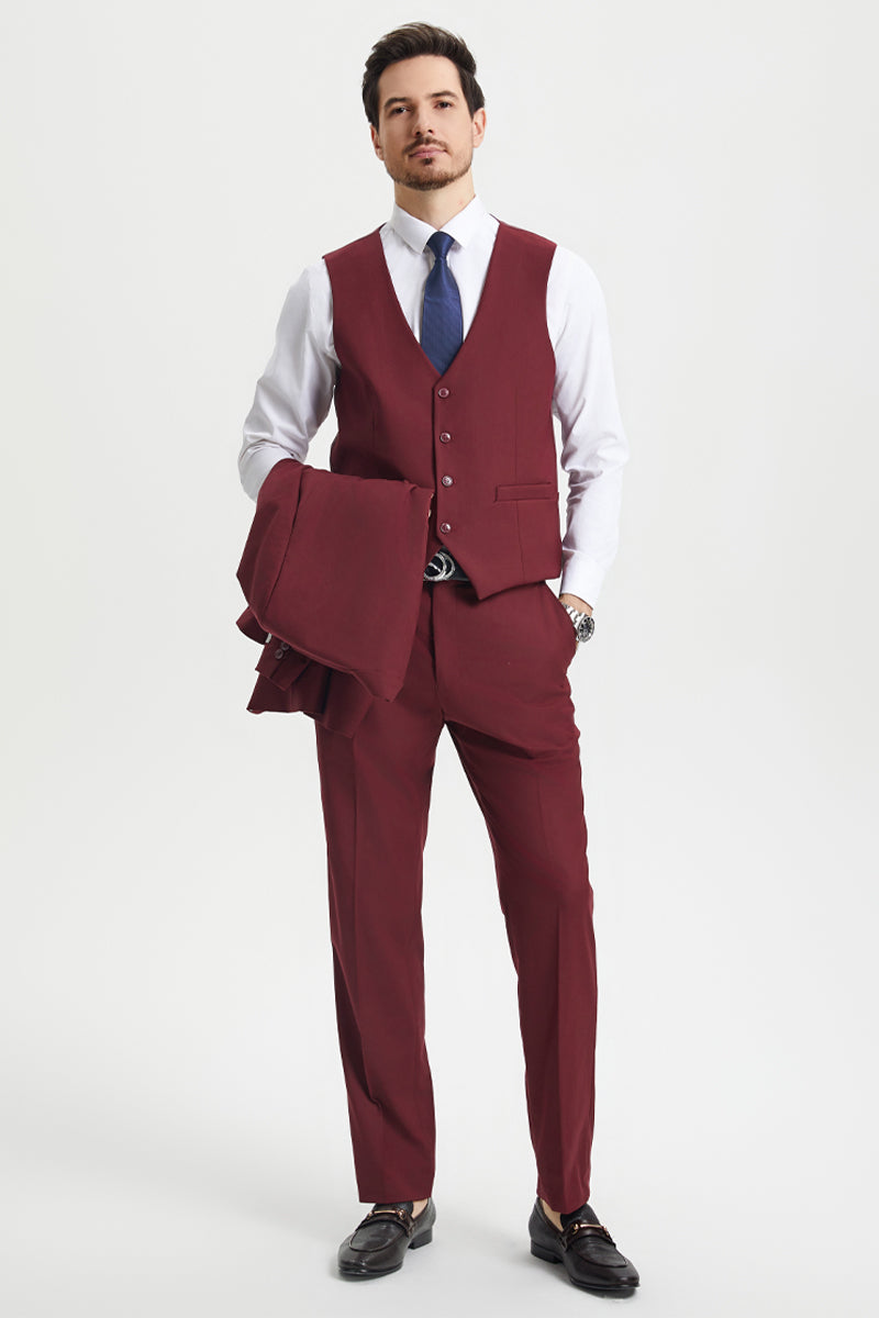 Men's Two Button Vested Stacy Adams Basic Designer Suit in Burgundy - 34 Regular