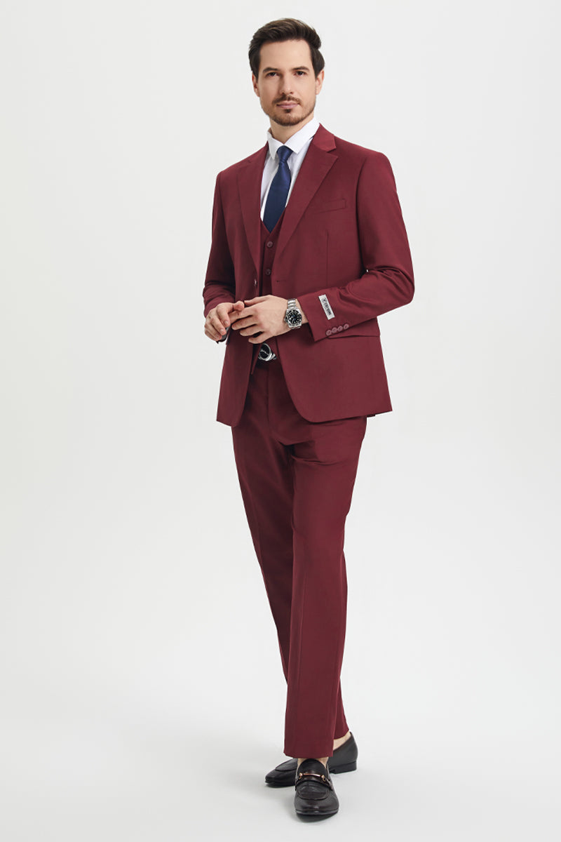 Men's Two Button Vested Stacy Adams Basic Designer Suit in Burgundy - 34 Regular