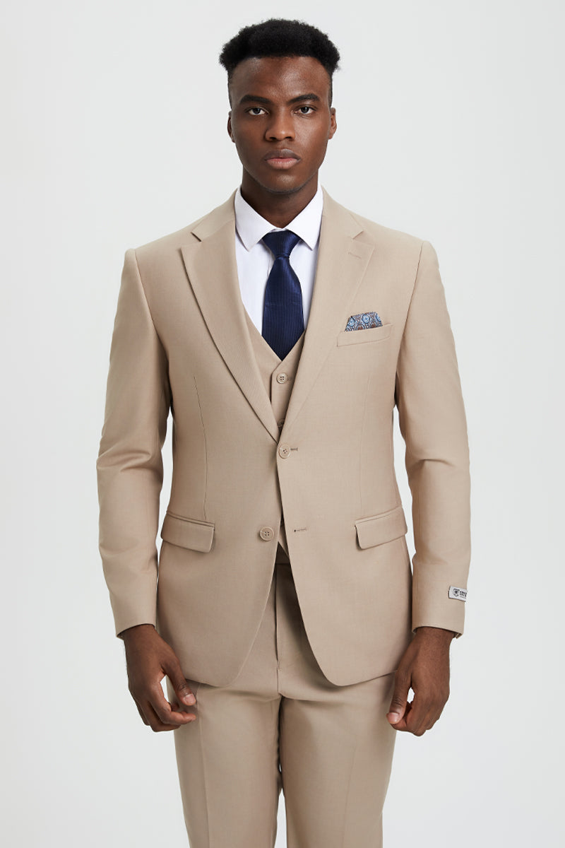 "Stacy Adams Men's Designer Two Button Vested Suit in Tan"