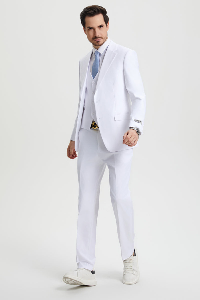 Men's Two Button Vested Stacy Adams Basic Designer Suit in White - 34 Regular