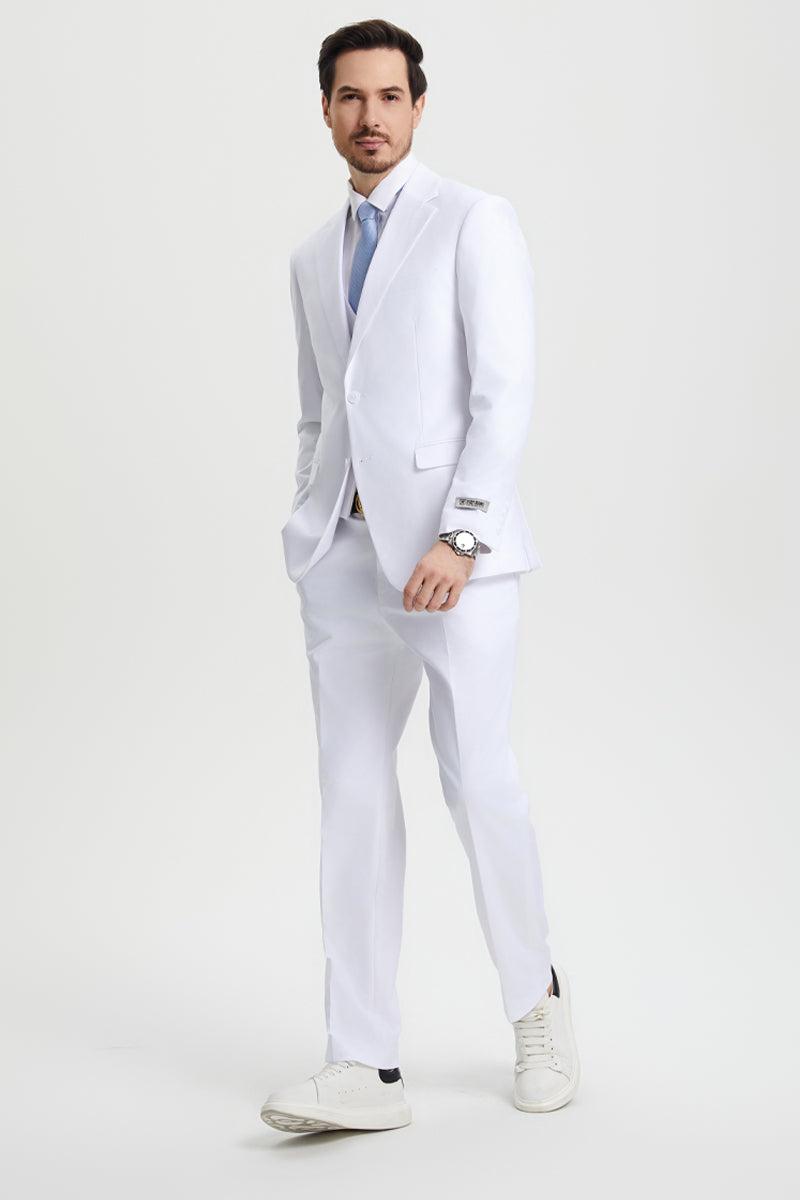 Men's Two Button Vested Stacy Adams Basic Designer Suit in White - 34 Regular