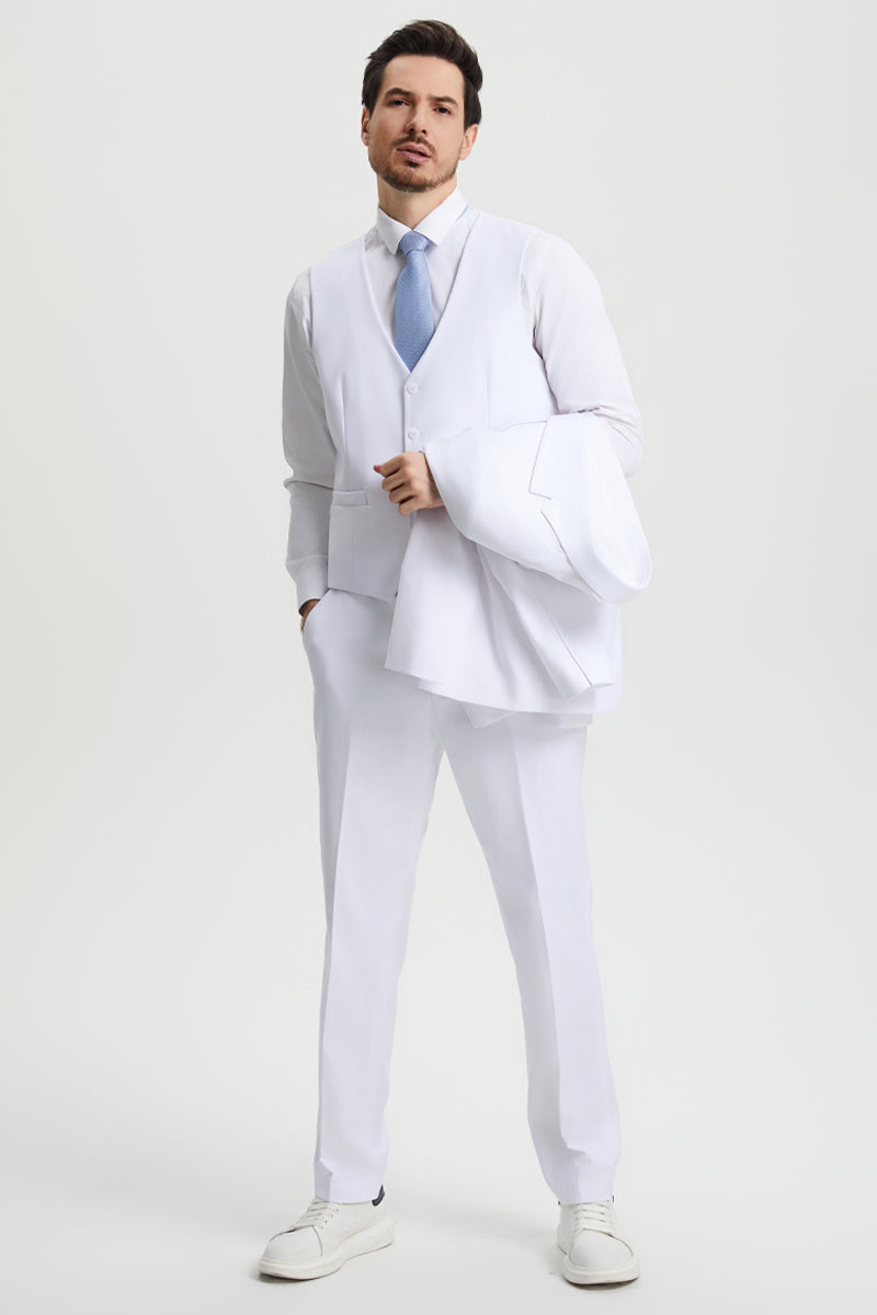 Men's Two Button Vested Stacy Adams Basic Designer Suit in White - 34 Regular
