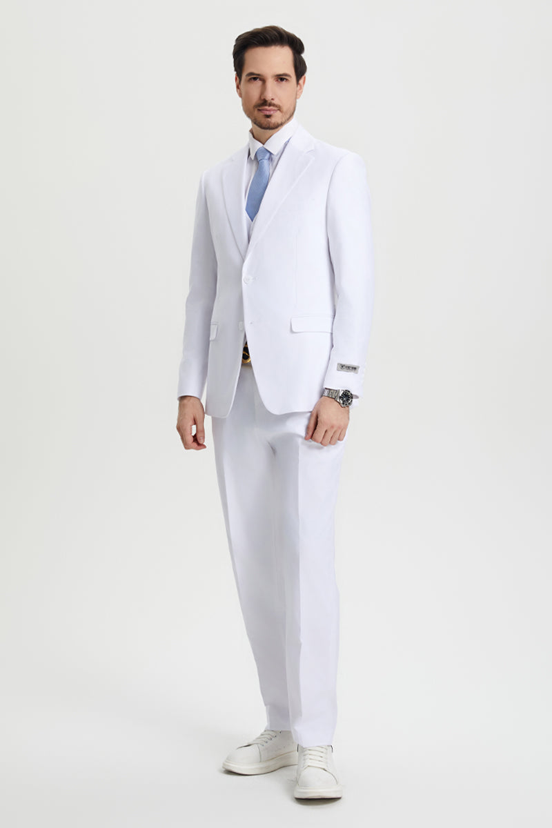 Men's Two Button Vested Stacy Adams Basic Designer Suit in White - 34 Regular