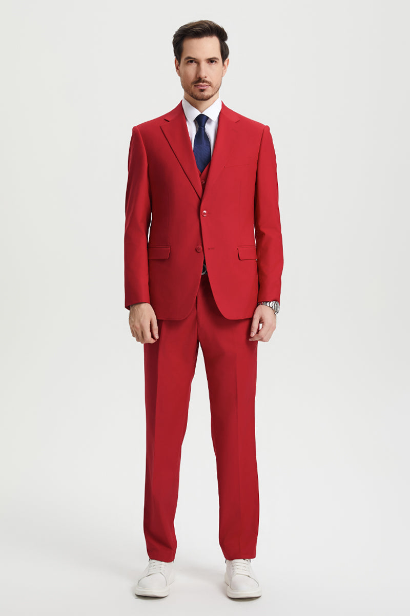Men's Two Button Vested Stacy Adams Basic Designer Suit in Red - 34 Regular