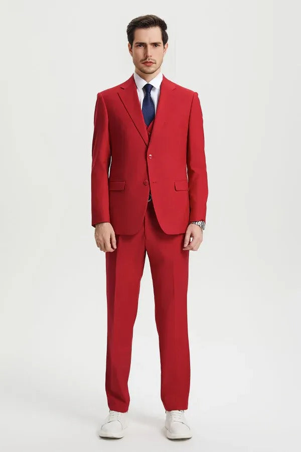 "Mens Stacy Adams Suit - Stacy Adams Suit Men's Designer Suit - Two Button Vested in Red" - 34 Regular