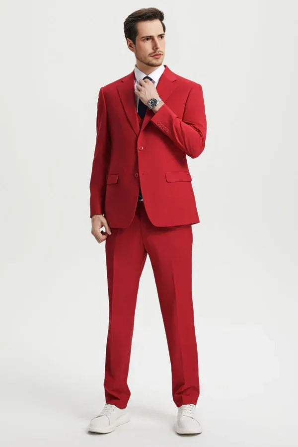 "Mens Stacy Adams Suit - Stacy Adams Suit Men's Designer Suit - Two Button Vested in Red" - 34 Regular